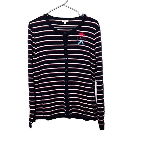 Talbots Cardigan L Button Up Parisian Stripes Je T'aime Embroidered Breathable - Picture 1 of 11